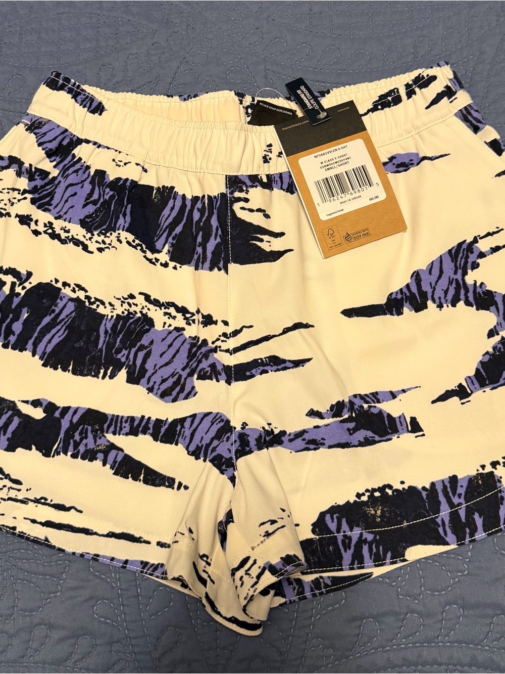 The North Face Cream Elastic-Waist Shorts with Purple & Black Print